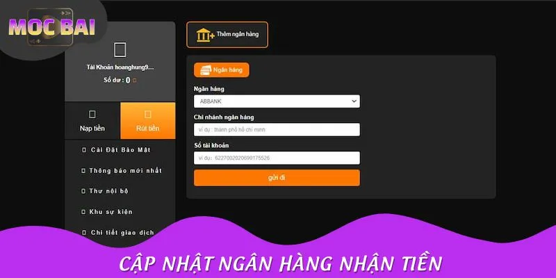 Cập nhật tài khoản theo hướng dẫn rút tiền
